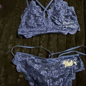 Lace Bralette & Bikini Set - Blue